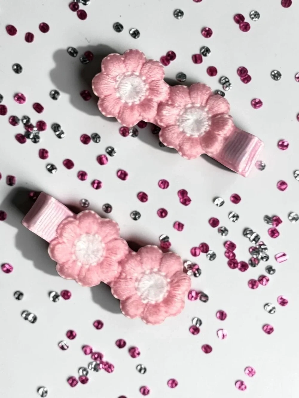 Handmade Pink Embroidered Flower Hair Clips | Set of 2 Floral Barrettes